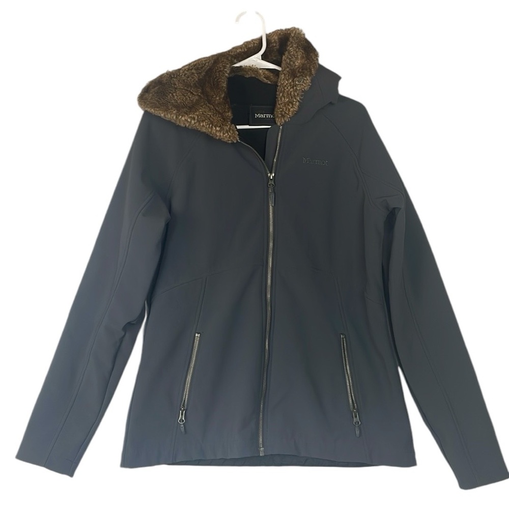 Marmot faux fur hood fleece lined soft shell jacket